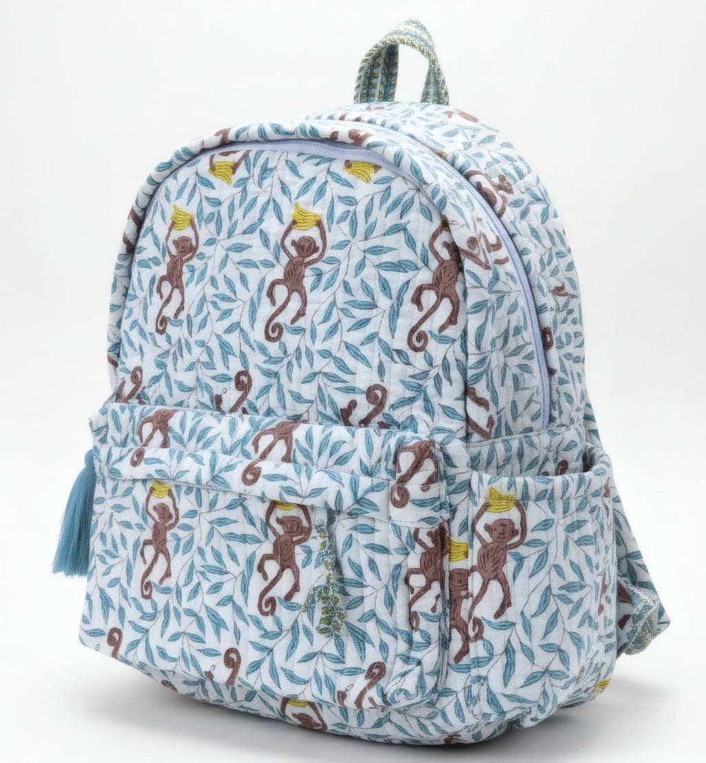 Monkey print hand block-printed cotton kids backpack – flat front, studio
