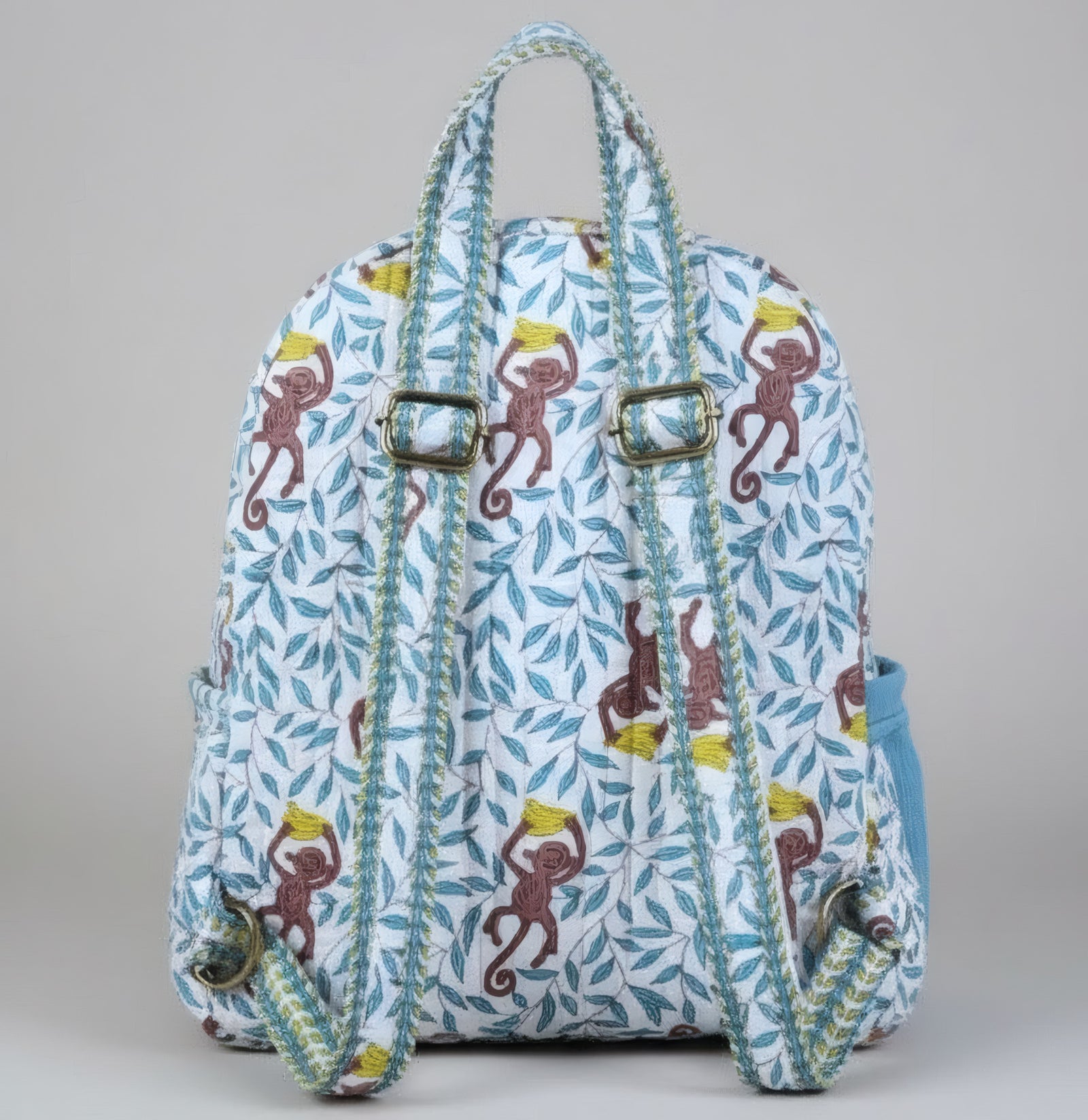 Monkey print hand block-printed cotton kids backpack – additional angle