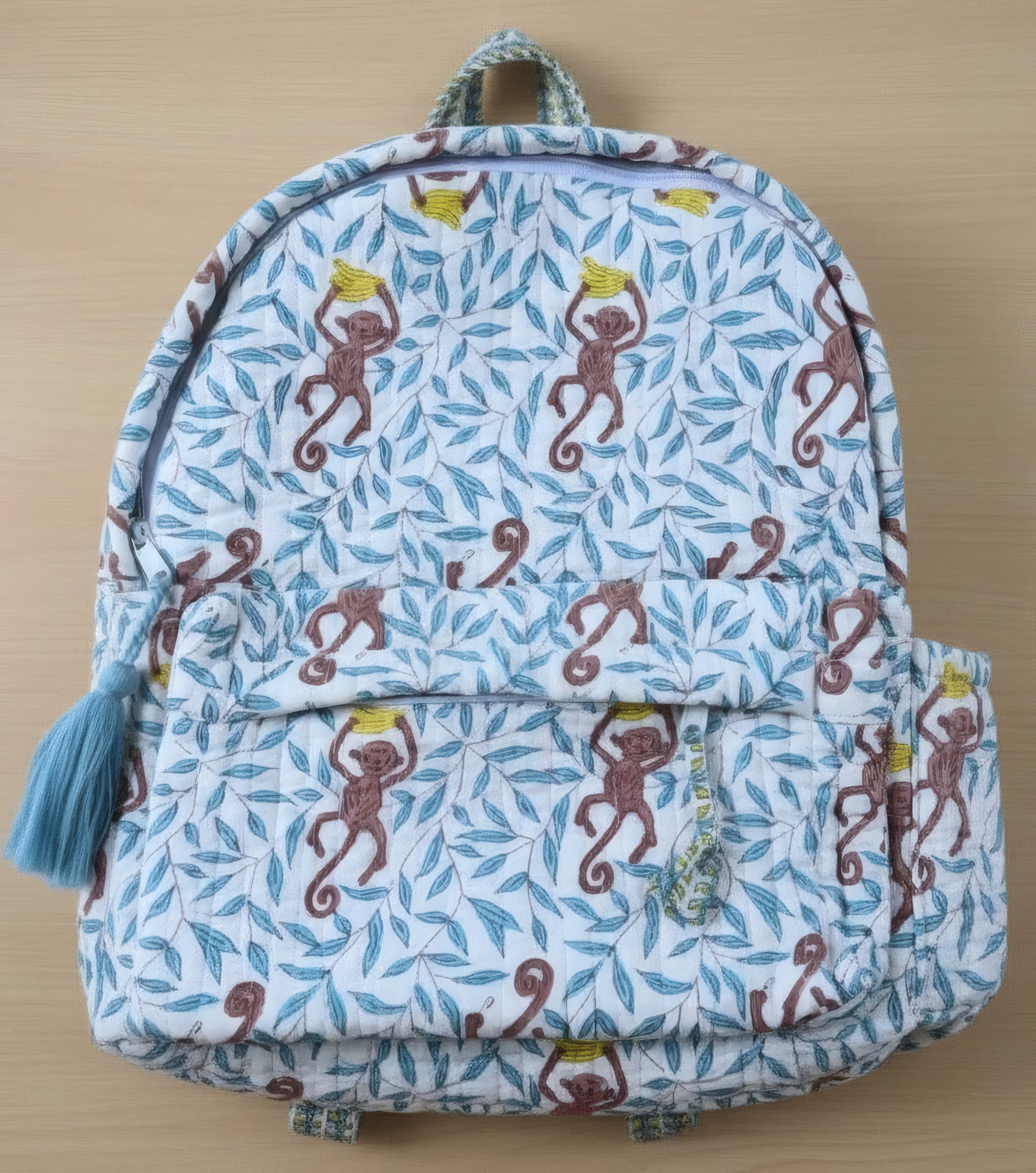 Monkey print hand block-printed cotton kids backpack – additional detail