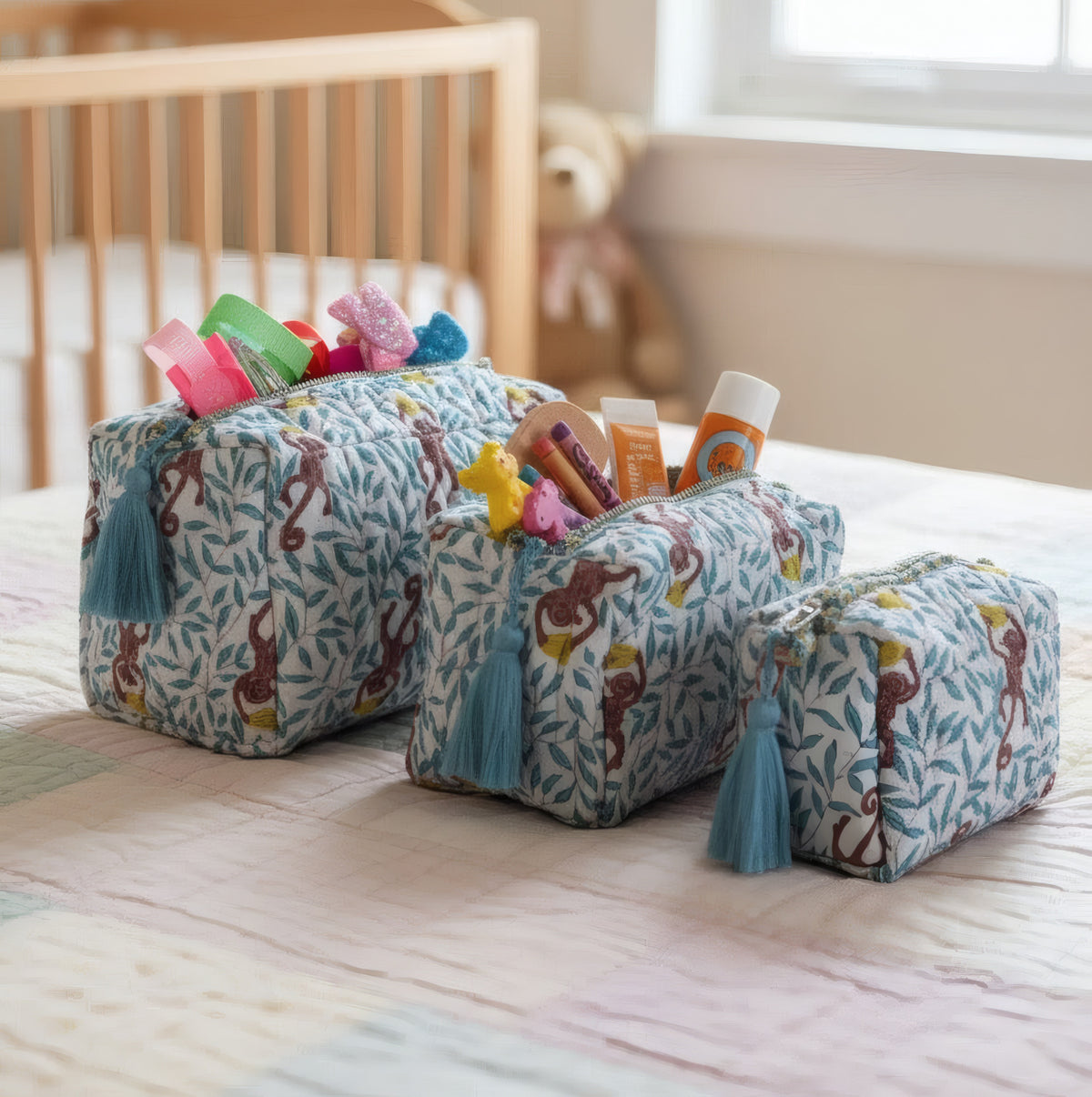 Monkey print hand block-printed cotton toiletry pouch set