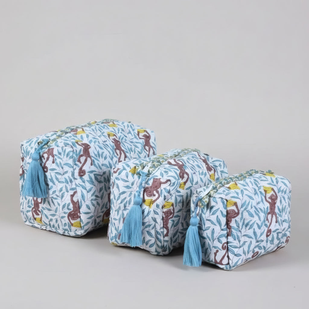 Monkey print hand block-printed cotton toiletry pouch set
