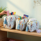 Monkey print hand block-printed cotton toiletry pouch set