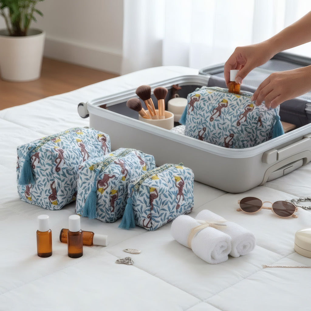 Monkey print hand block-printed cotton toiletry pouch set