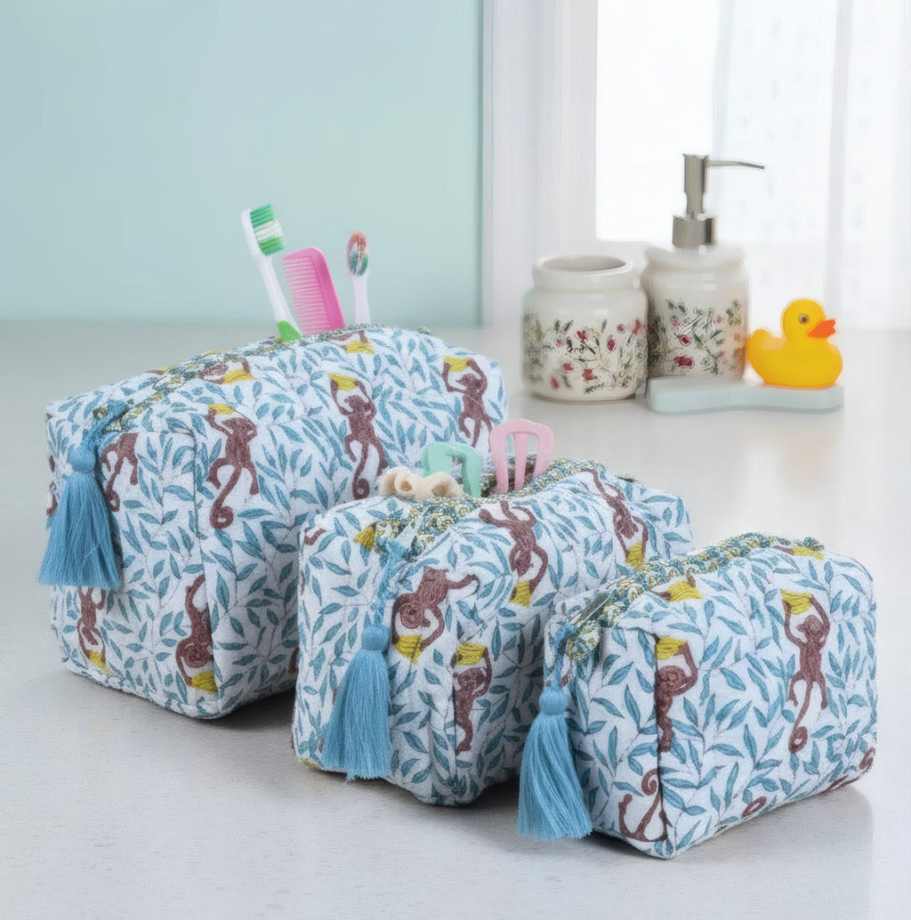 Monkey print hand block-printed cotton toiletry pouch set