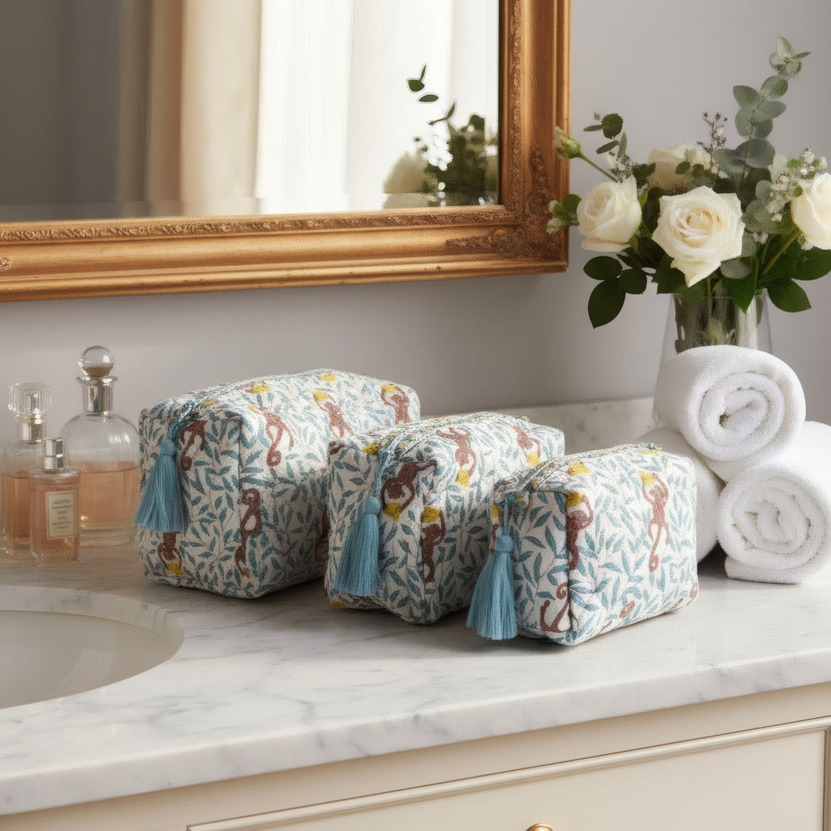 Monkey print hand block-printed cotton toiletry pouch set