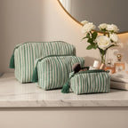 Green Stripe print hand block-printed cotton toiletry pouch set – set together, use 2 (alt scene)