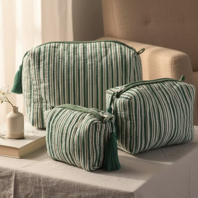 Green Stripe print hand block-printed cotton toiletry pouch set – additional lifestyle