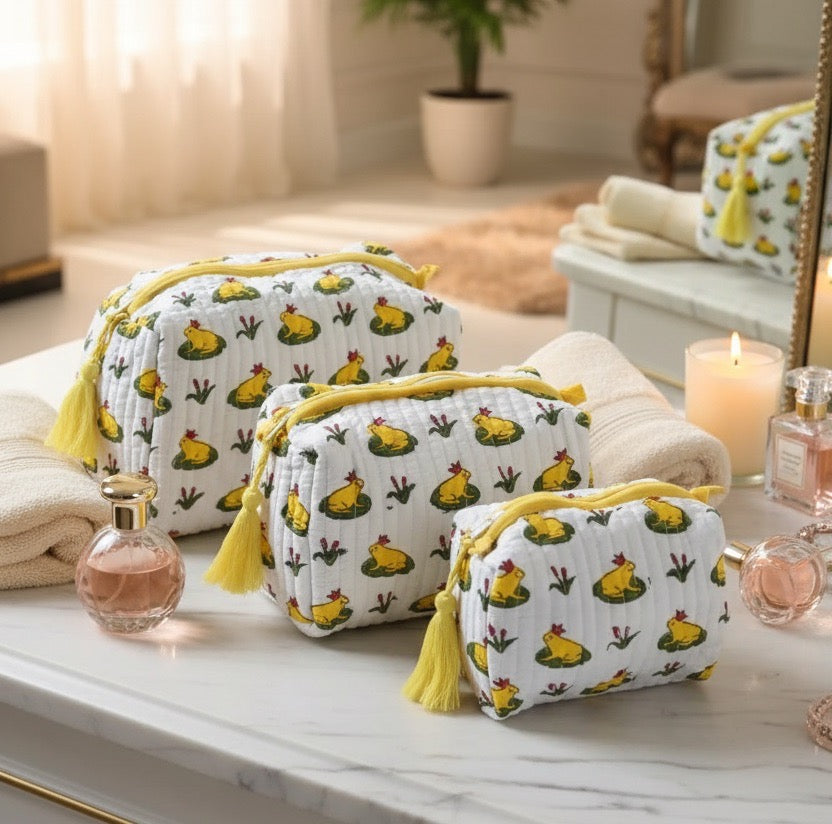 Duck Pond print hand block-printed cotton toiletry pouch set – set together, use 2 (alt scene)