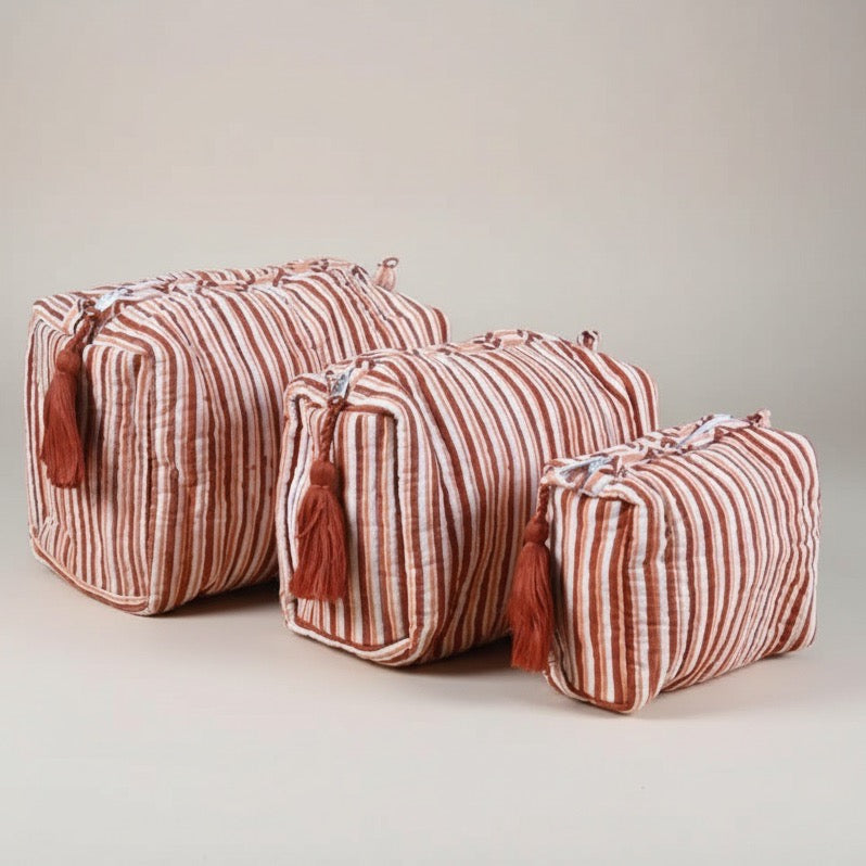 Terracotta Stripe print hand block-printed cotton toiletry pouch set – additional detail