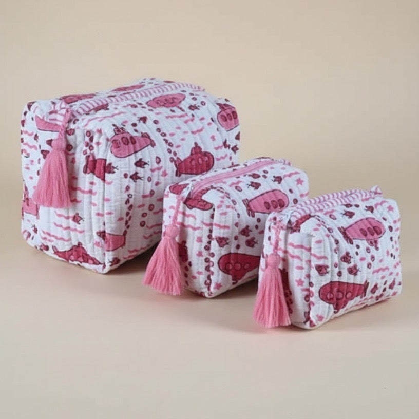 Bunny Floral print hand block-printed cotton toiletry pouch set – set together, use 2 (alt scene)