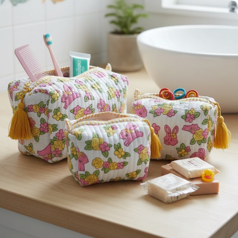 Bunny Floral print hand block-printed cotton toiletry pouch set – additional angle