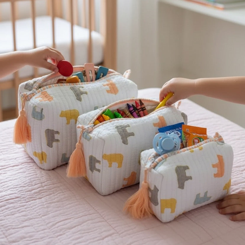 Pastel Bear print hand block-printed cotton toiletry pouch set – additional angle