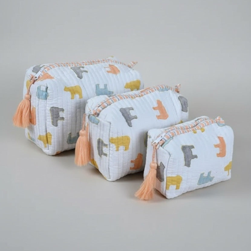 Pastel Bear print hand block-printed cotton toiletry pouch set – additional detail