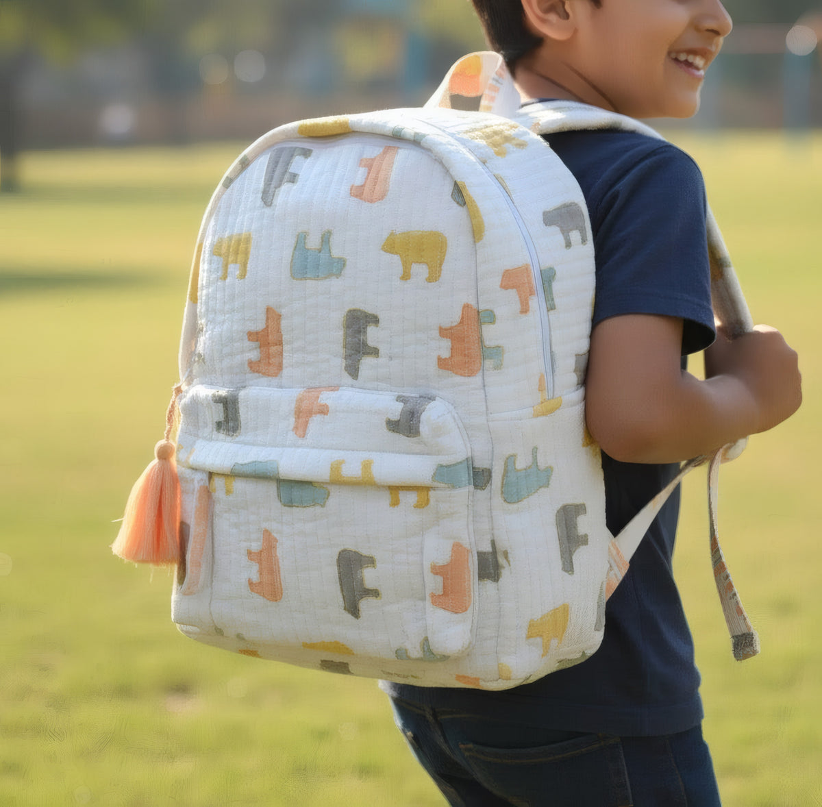 Pastel Bear print hand block-printed cotton kids backpack – hero/worn