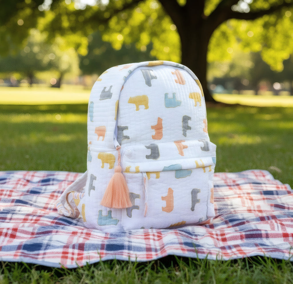 Pastel Bear print hand block-printed cotton kids backpack – 3/4 studio angle