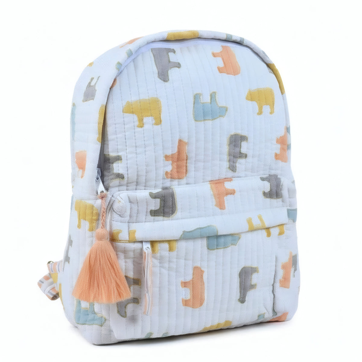 Pastel Bear print hand block-printed cotton kids backpack – flat front, studio