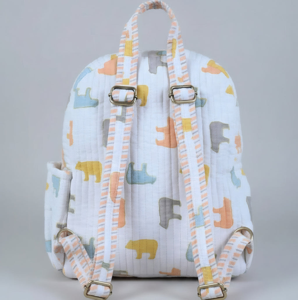 Pastel Bear print hand block-printed cotton kids backpack – additional angle