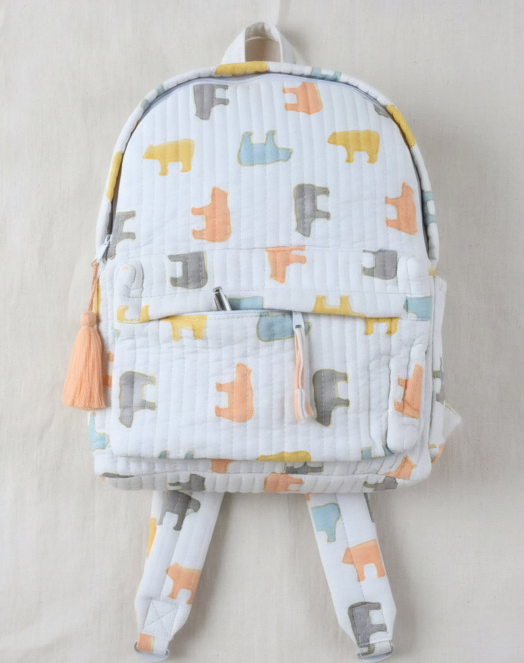 Pastel Bear print hand block-printed cotton kids backpack – additional detail