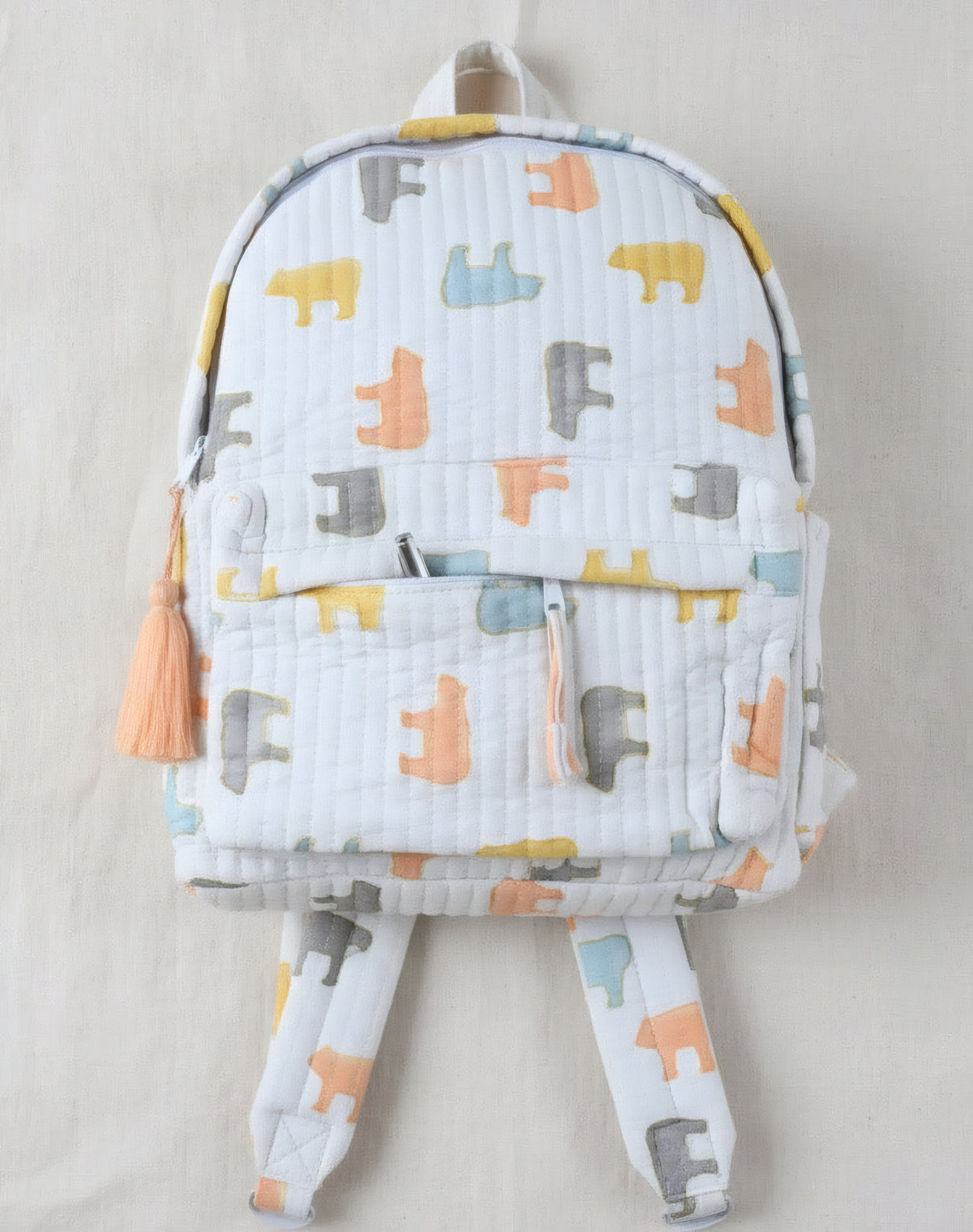 Pastel Bear print hand block-printed cotton kids backpack – additional detail