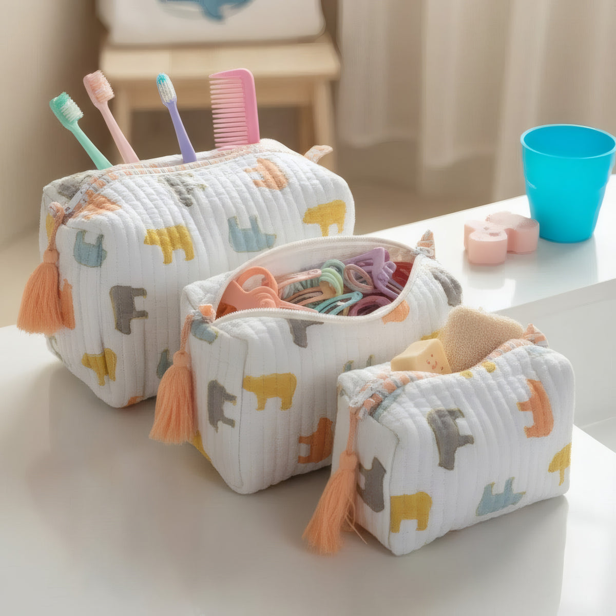 Pastel Bear print hand block-printed cotton toiletry pouch set – hero — set together, use 1