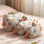 Pastel Bear print hand block-printed cotton toiletry pouch set – set together, use 2 (alt scene)