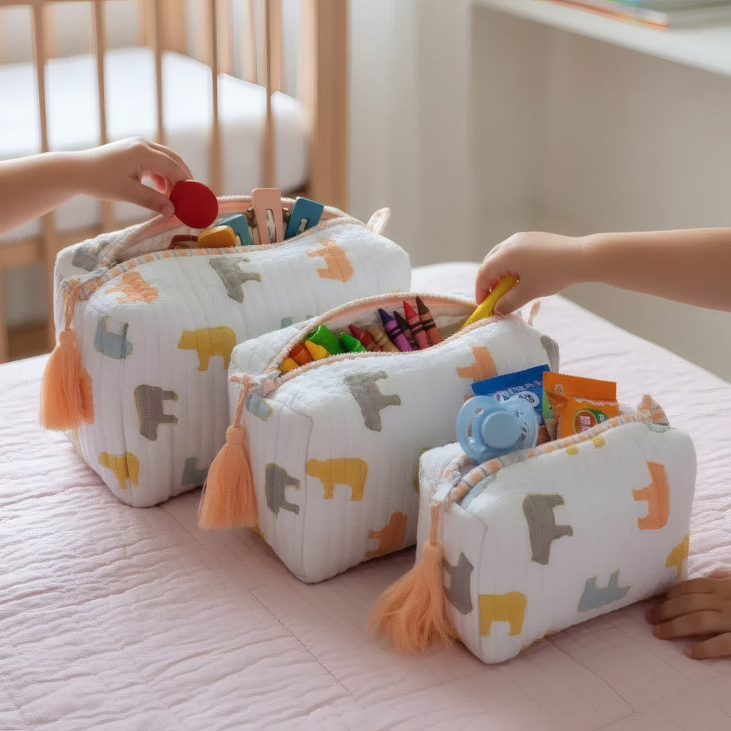 Pastel Bear print hand block-printed cotton toiletry pouch set – additional angle