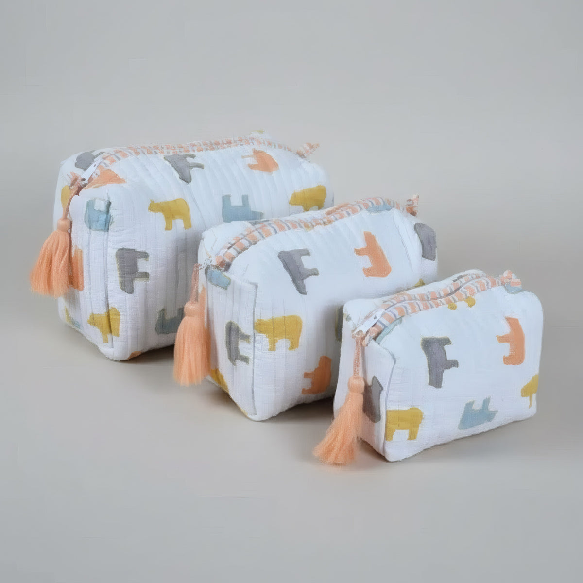 Pastel Bear print hand block-printed cotton toiletry pouch set – additional detail