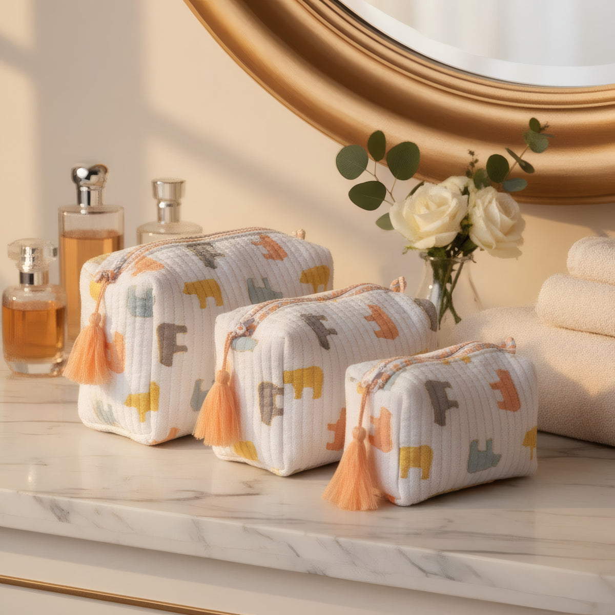 Pastel Bear print hand block-printed cotton toiletry pouch set – additional lifestyle