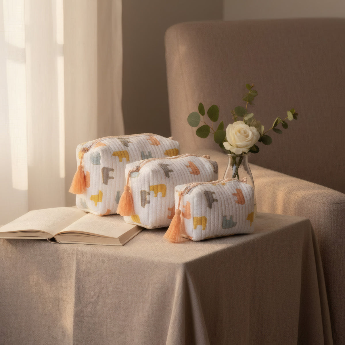 Pastel Bear print hand block-printed cotton toiletry pouch set – additional lifestyle