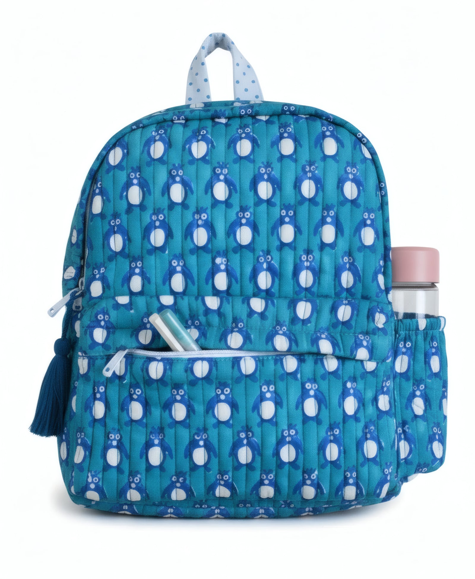 Penguin print hand block-printed cotton kids backpack – flat front, studio