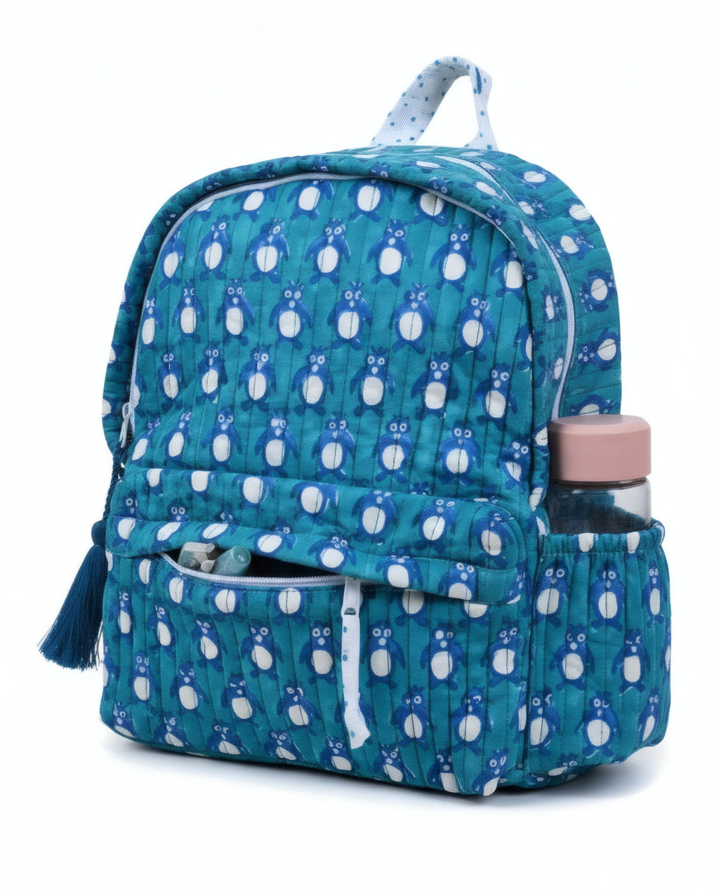 Penguin print hand block-printed cotton kids backpack – additional angle