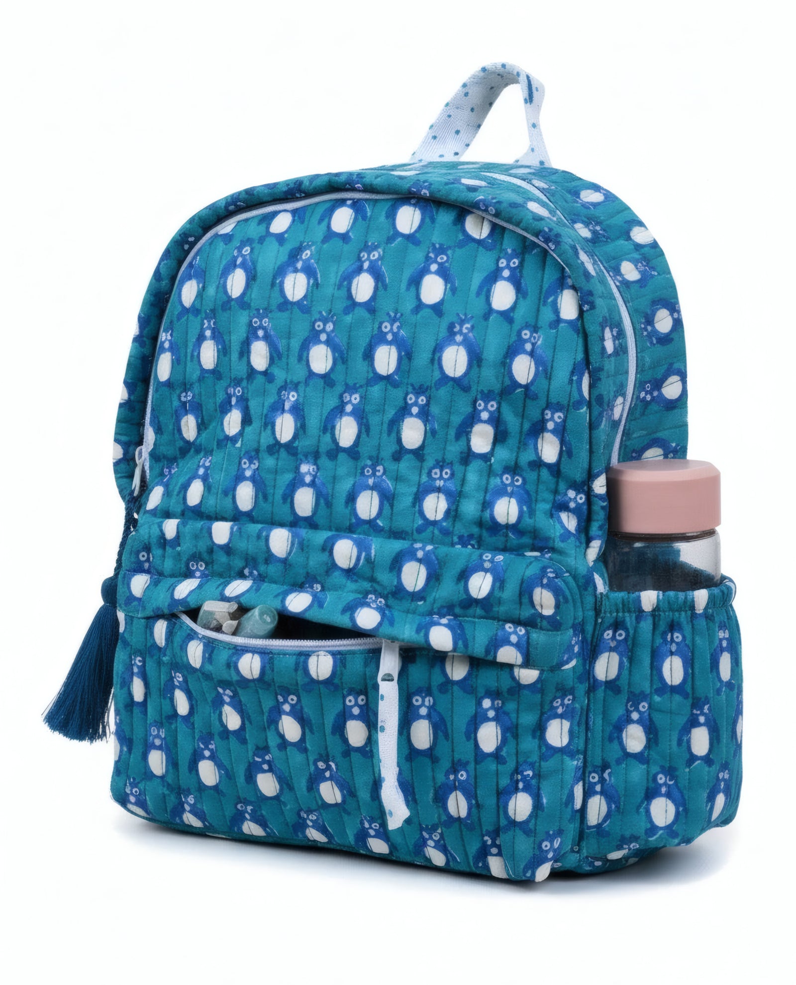 Penguin print hand block-printed cotton kids backpack – additional angle