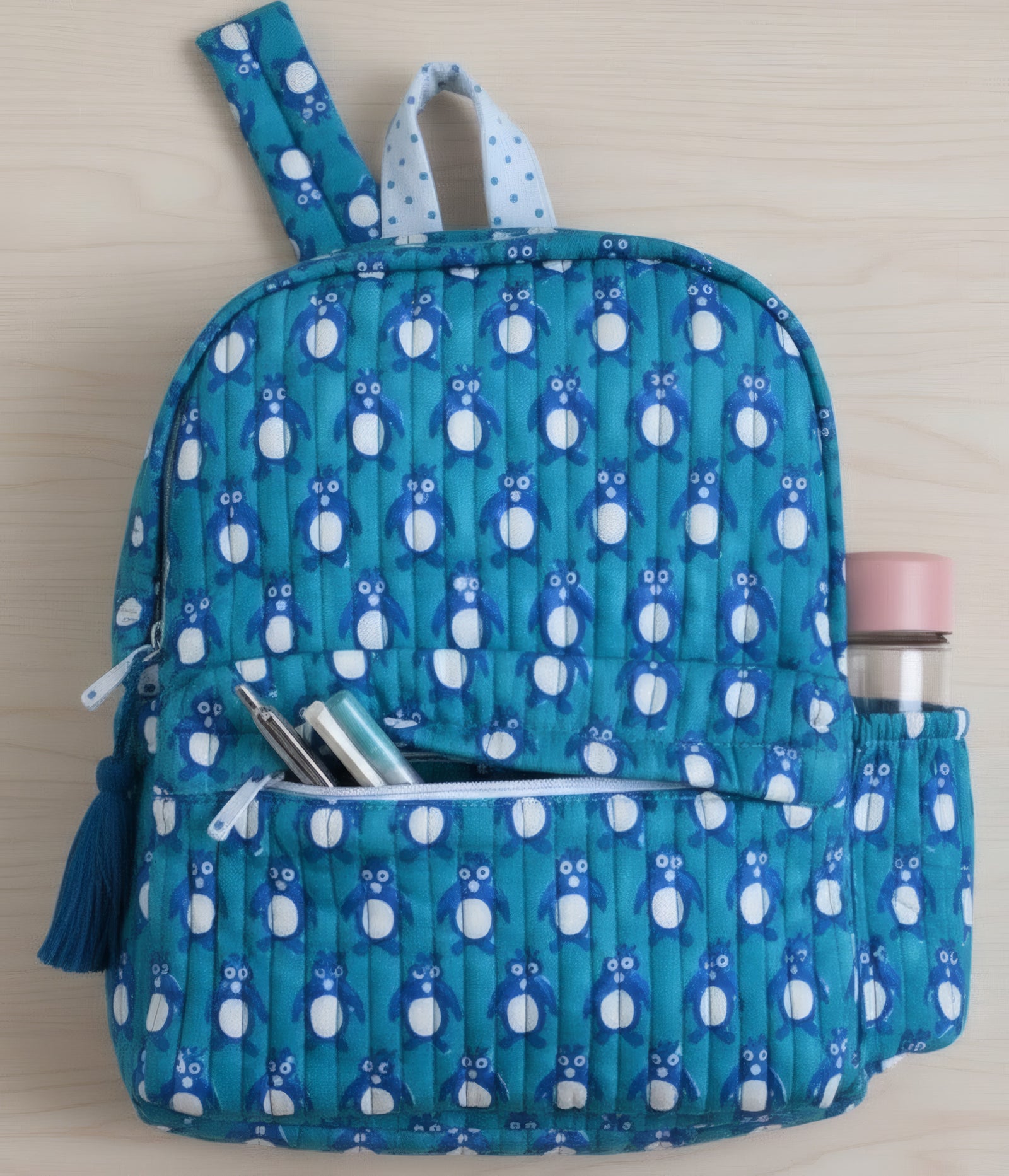 Penguin print hand block-printed cotton kids backpack – additional detail