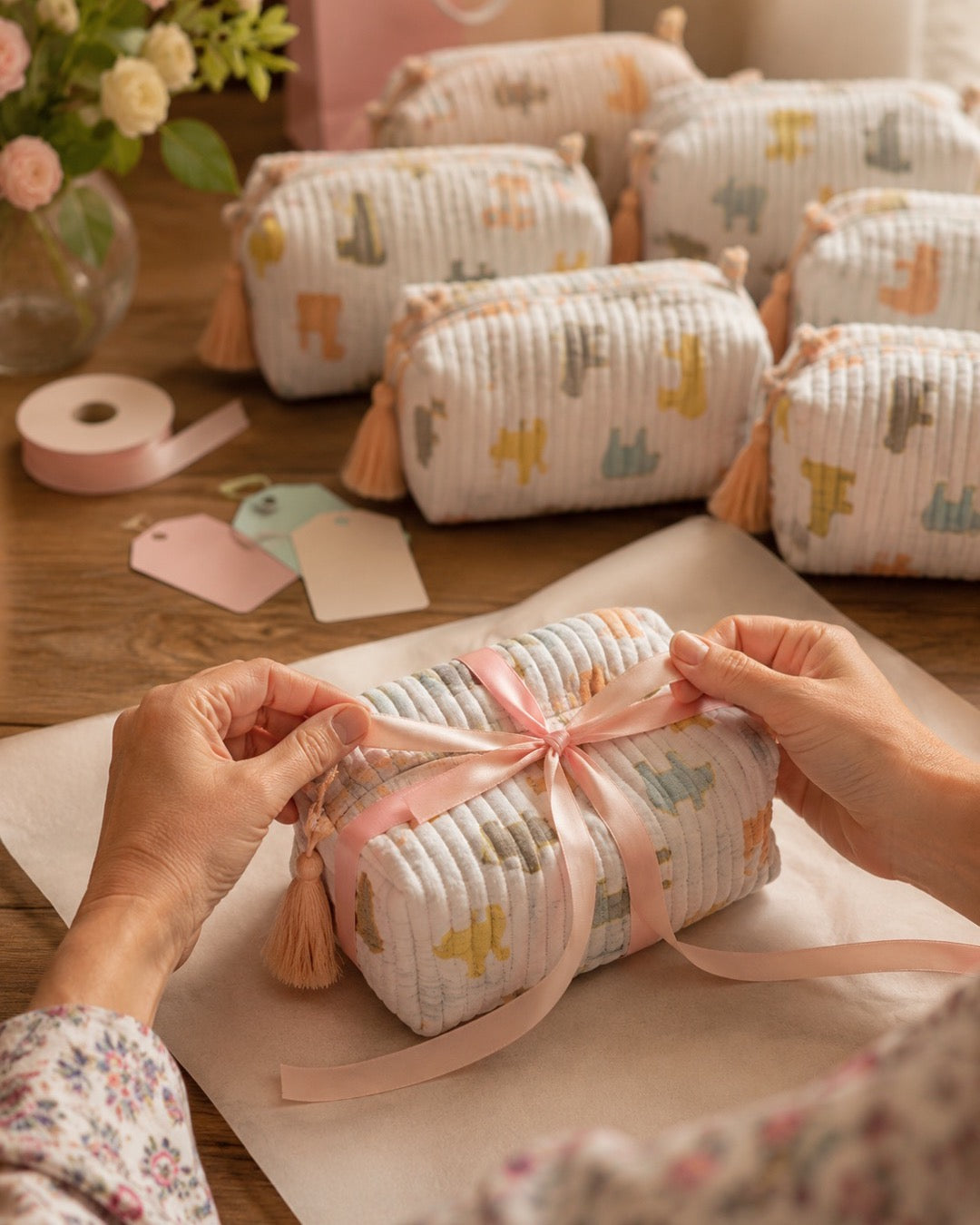 Hand block-printed cotton gift pouch by PEXX