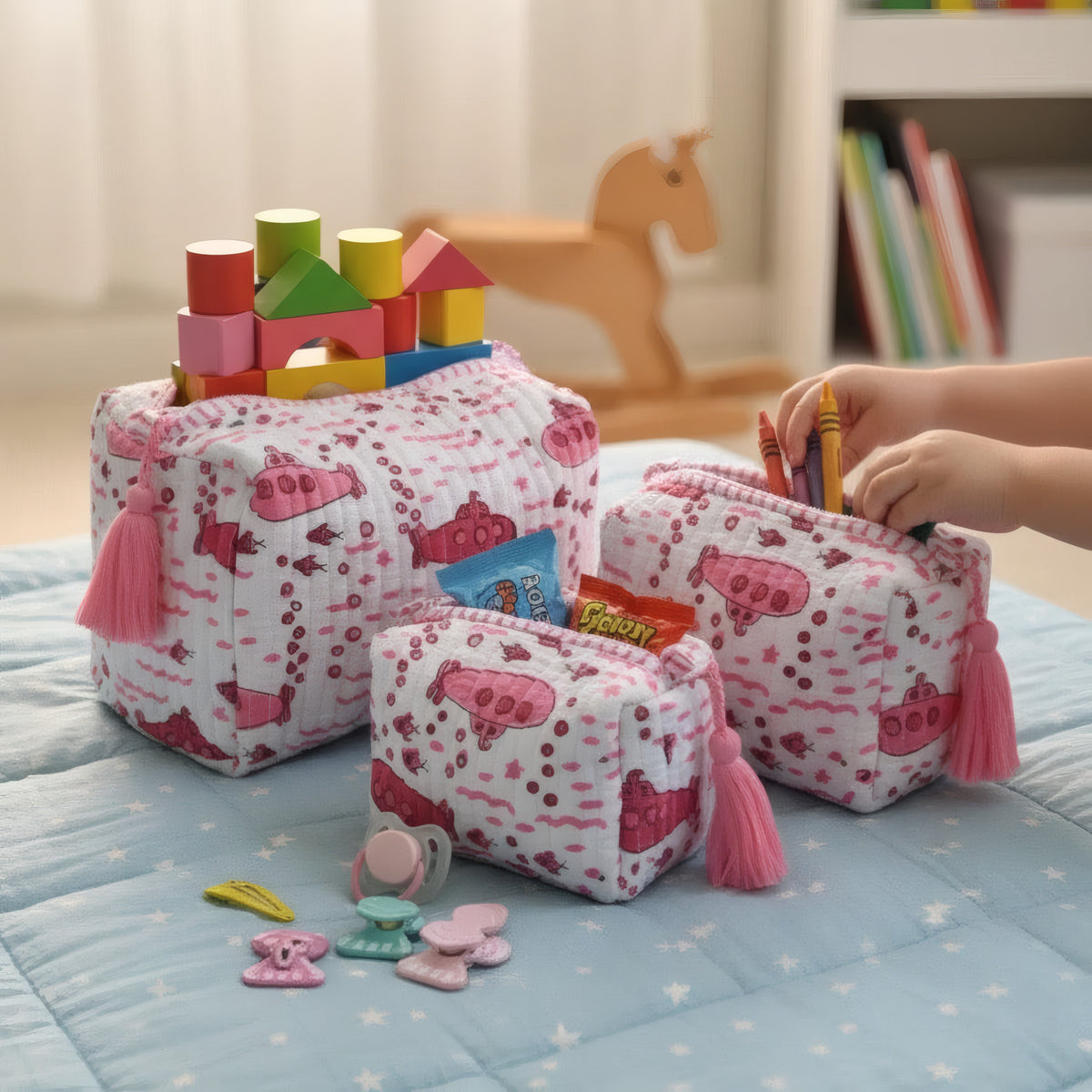 Pink Submarine print hand block-printed cotton toiletry pouch set