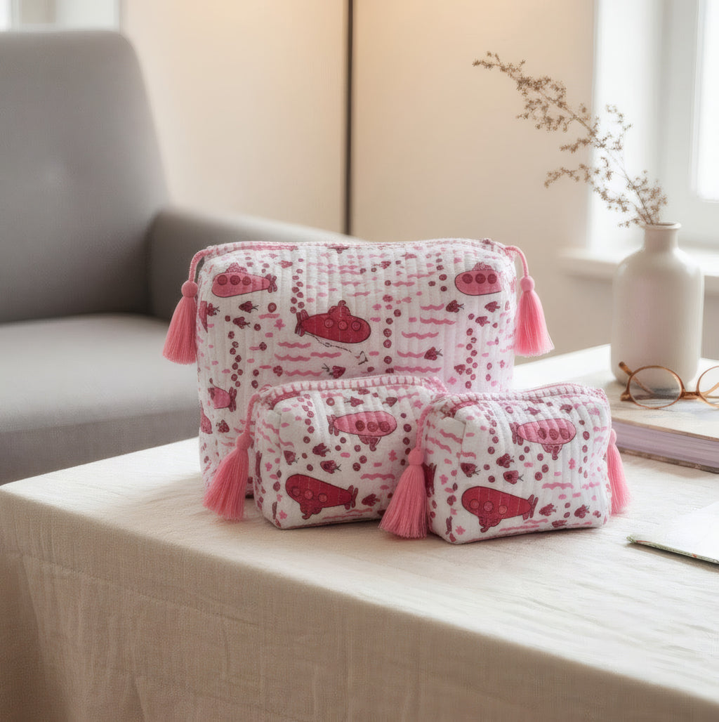 Pink Submarine print hand block-printed cotton toiletry pouch set