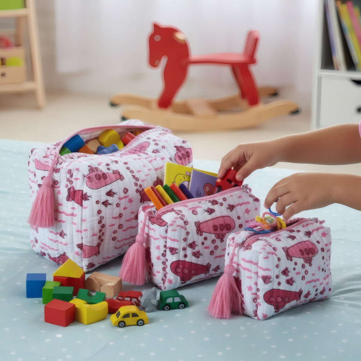 Pink Submarine print hand block-printed cotton toiletry pouch set