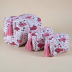Pink Submarine print hand block-printed cotton toiletry pouch set