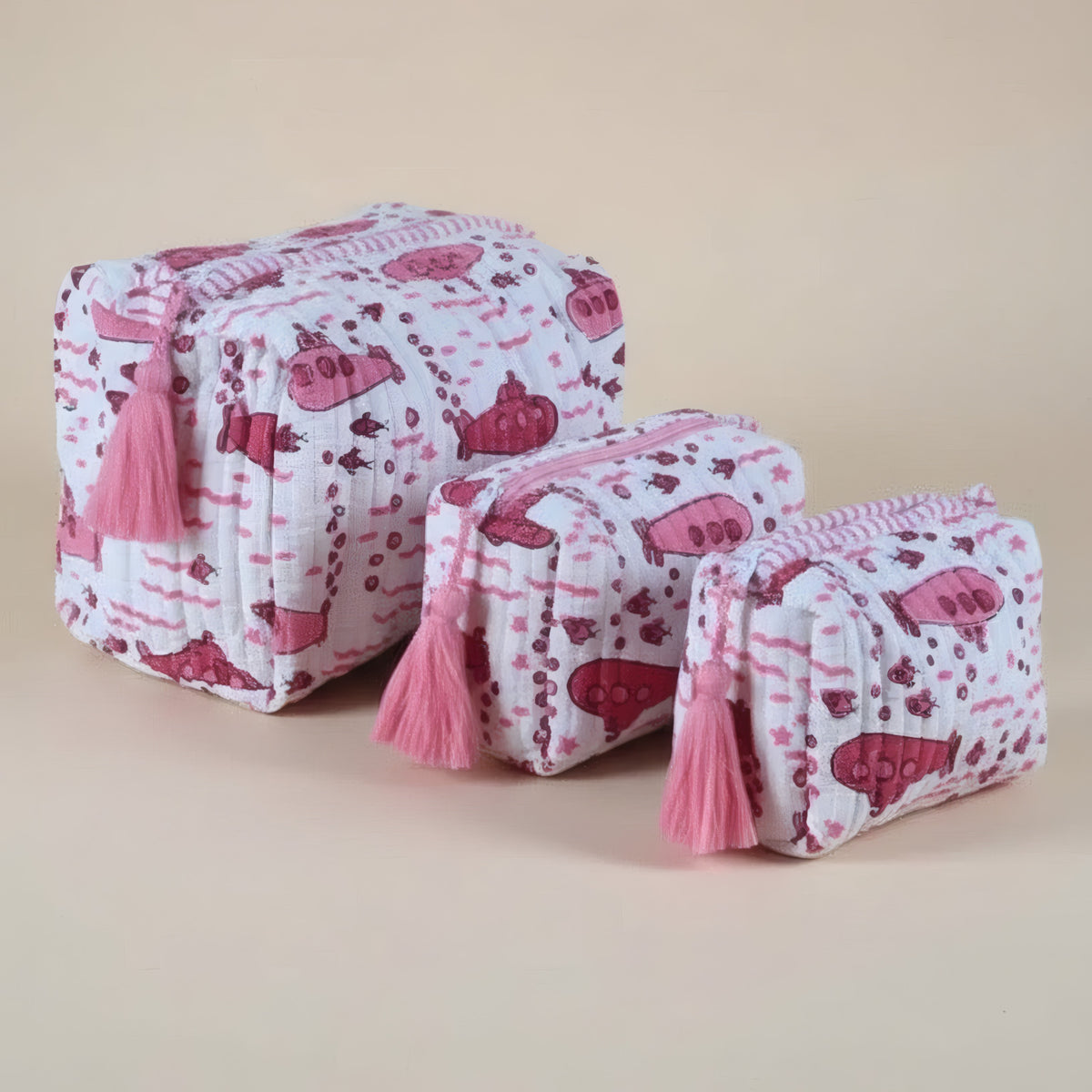 Pink Submarine print hand block-printed cotton toiletry pouch set
