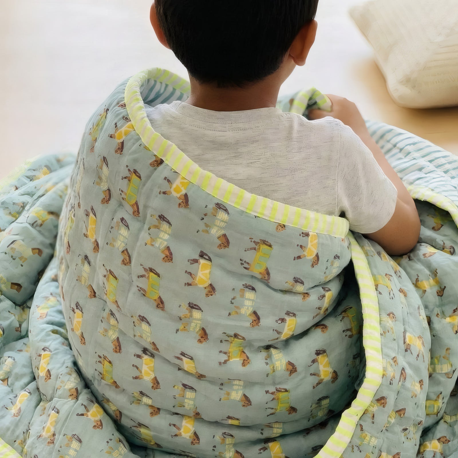 Pony Trail print hand block-printed reversible cotton voile kids quilt (razai) – lifestyle - bed