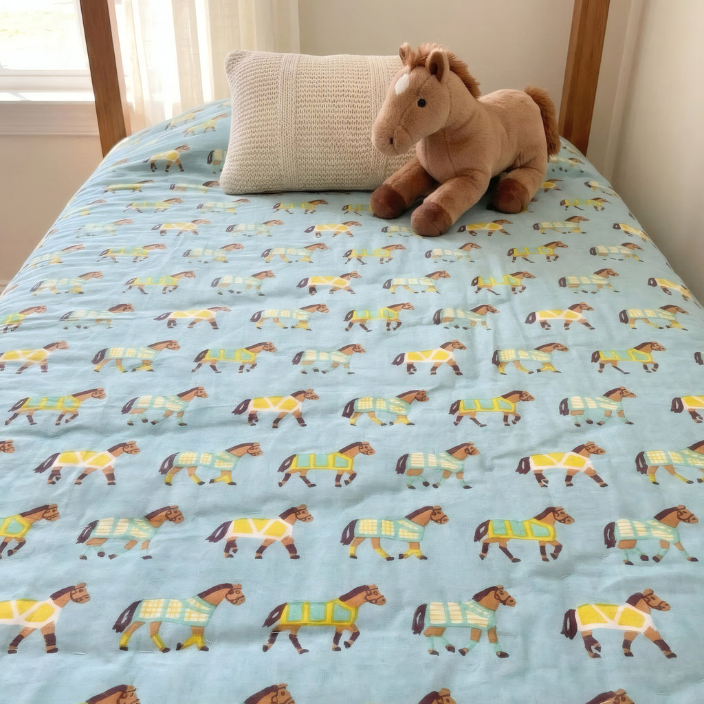 Pony Trail print hand block-printed reversible cotton voile kids quilt (razai) – additional lifestyle