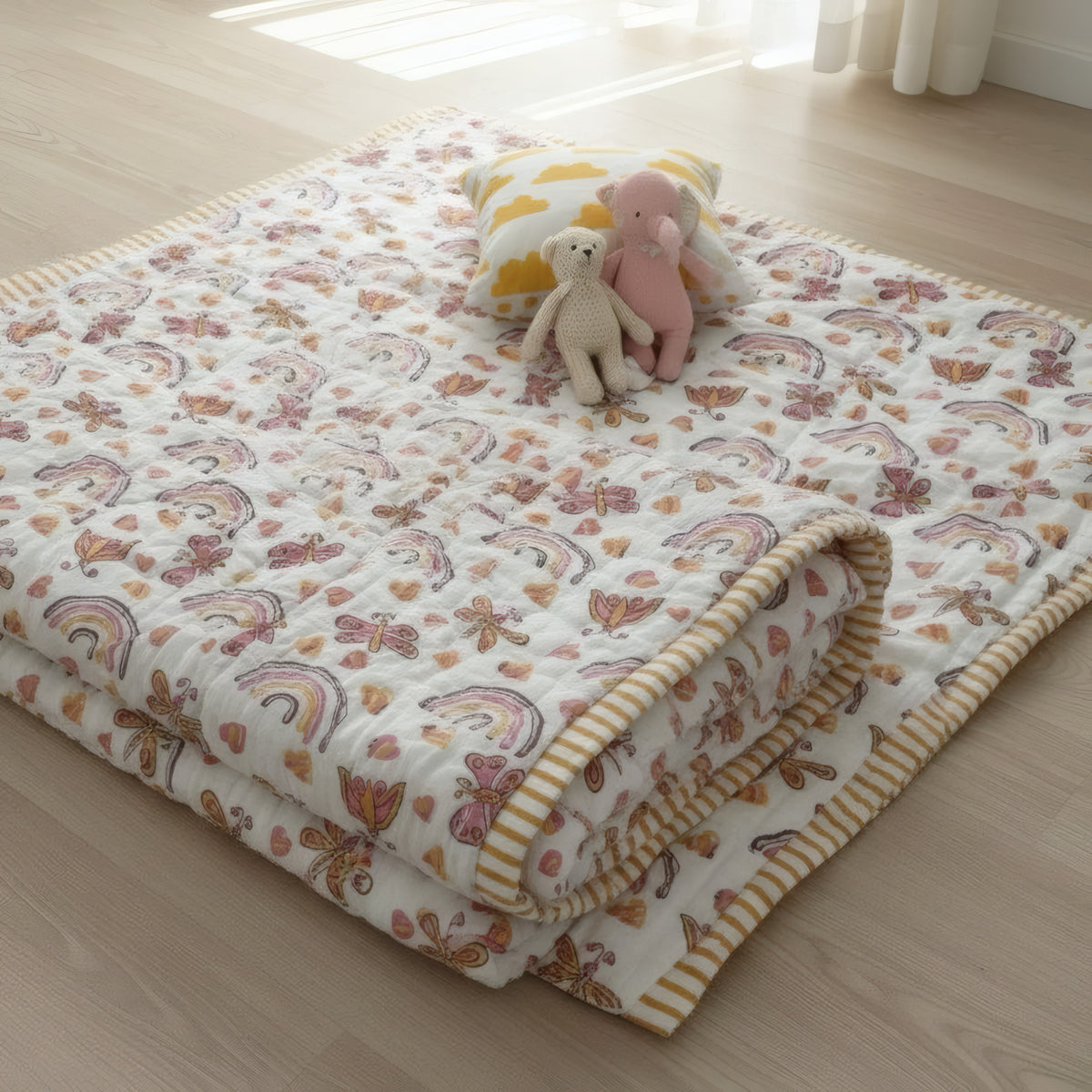 Rainbow Meadow print hand block-printed reversible cotton voile kids quilt (razai) – hero/folded