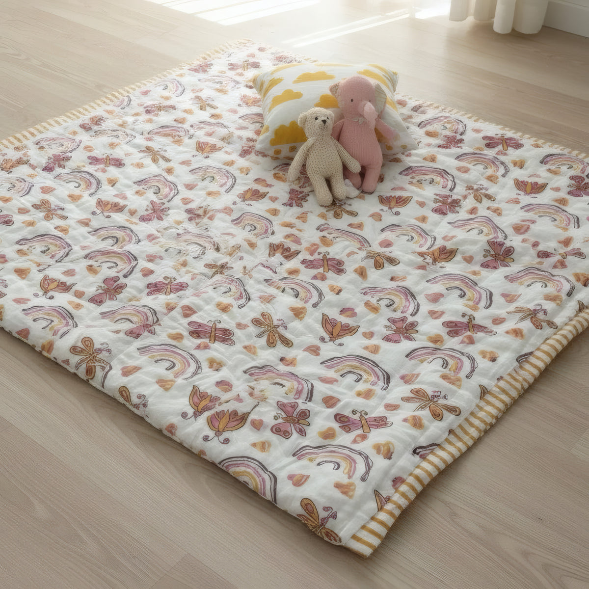 Rainbow Meadow print hand block-printed reversible cotton voile kids quilt (razai) – lifestyle - bed