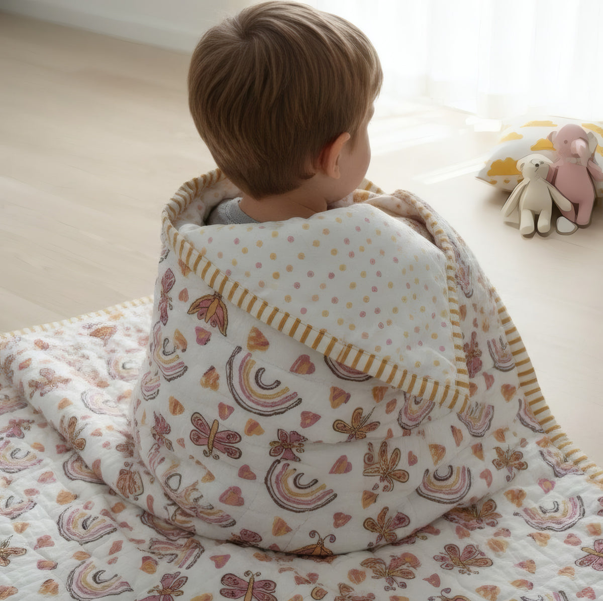 Rainbow Meadow print hand block-printed reversible cotton voile kids quilt (razai) – lifestyle - play mat