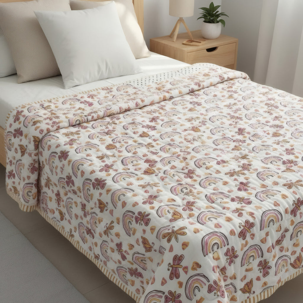 Rainbow Meadow print hand block-printed reversible cotton voile kids quilt (razai) – print detail close-up