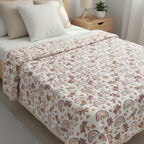 Rainbow Meadow print hand block-printed reversible cotton voile kids quilt (razai) – print detail close-up