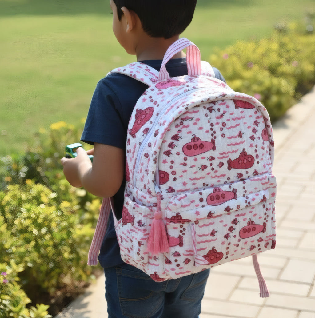 Submarine print hand block-printed cotton kids backpack – 3/4 studio angle