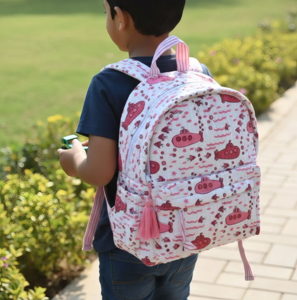 Submarine print hand block-printed cotton kids backpack – 3/4 studio angle