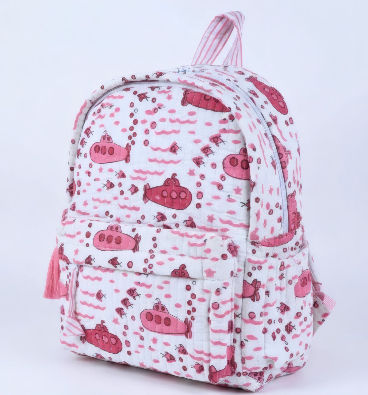 Submarine print hand block-printed cotton kids backpack – flat front, studio