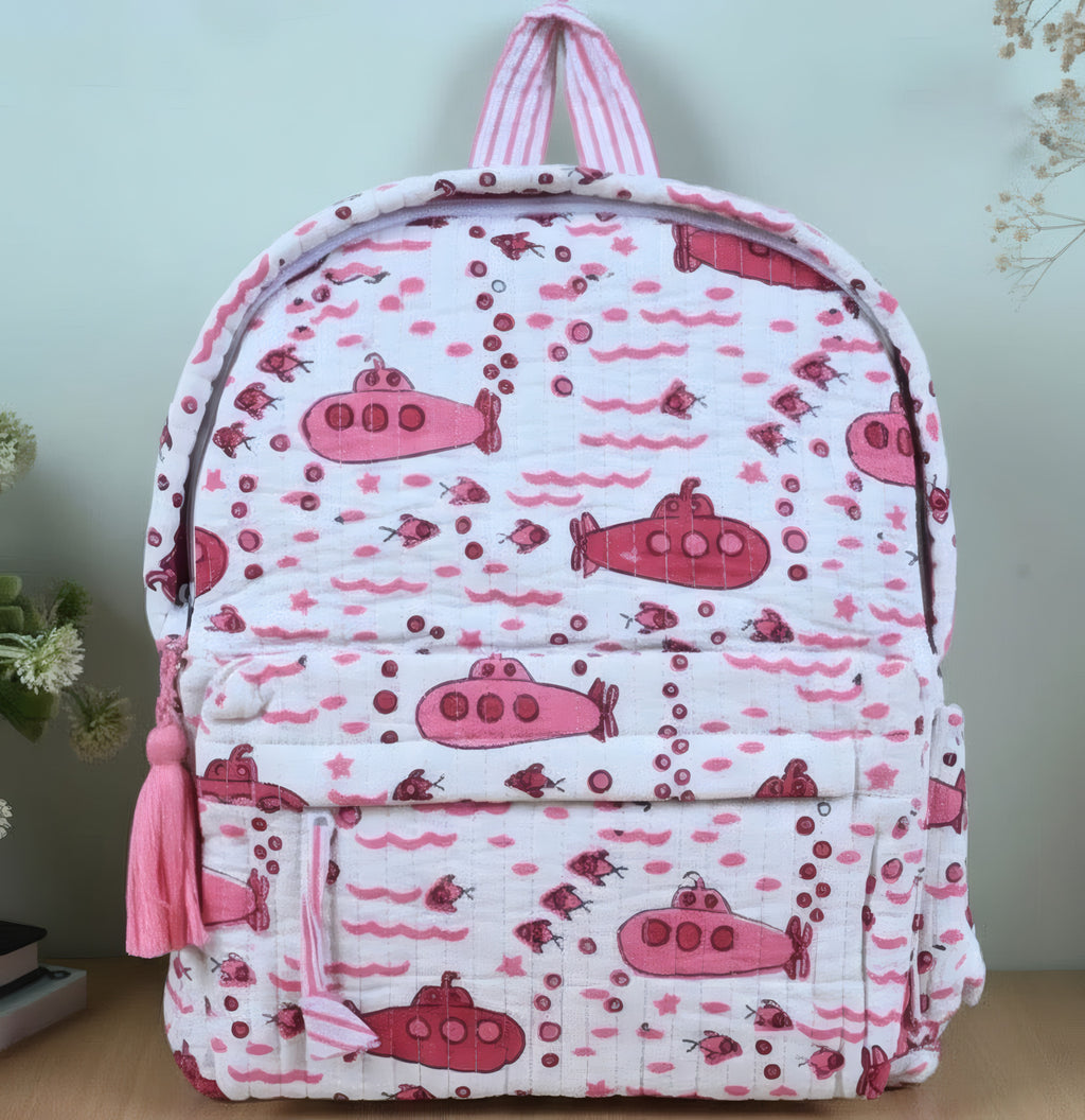 Submarine print hand block-printed cotton kids backpack – additional detail